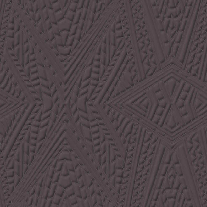 Donkergrijs Moooi-behang met een reliëf van geometrische en dierlijke patronen geïnspireerd op een dwergneushoorn.