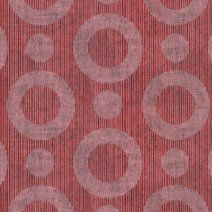 Roze Moooi-behang MO2061-ROSE met een patroon van grote en kleine cirkels op een roodgestreepte achtergrond.
