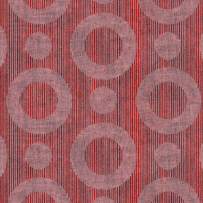 Roze Moooi-behang MO2061-ROSE met een patroon van grote en kleine cirkels op een roodgestreepte achtergrond.
