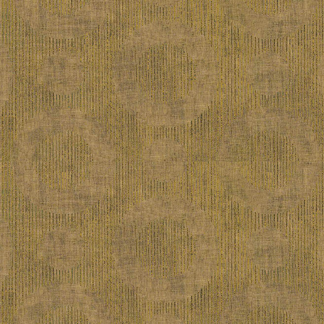 Goudkleurig Moooi-behang MO2062 met een patroon van cirkels en fijne verticale lijnen.