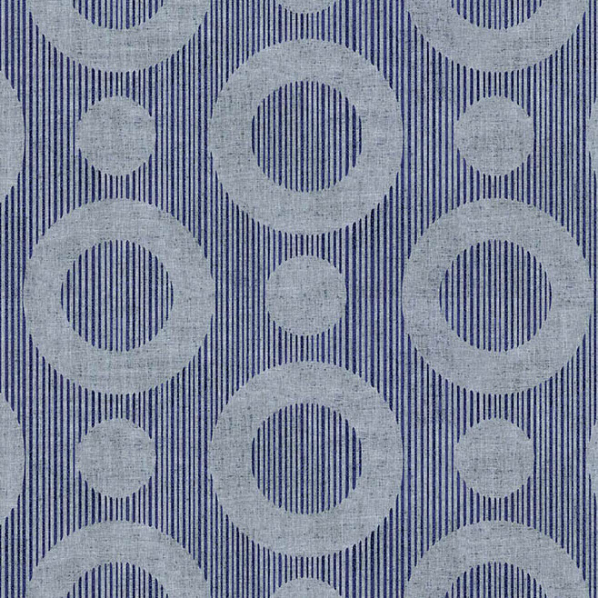 Grijsblauw Moooi-behang MO2064 Indigo met een patroon van cirkels en verticale strepen.