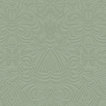 Reliefbehang in saliegroen met een symmetrisch patroon van gestileerde motten en bloemen uit de Moooi Mimic Moth collectie.