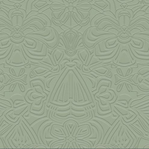 Reliefbehang in saliegroen met een symmetrisch patroon van gestileerde motten en bloemen uit de Moooi Mimic Moth collectie.