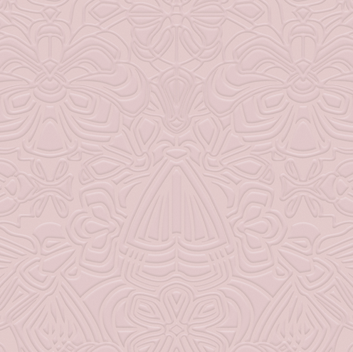 Lichtroze behang met een reliëfpatroon van gestileerde motten en bloemen uit de Moooi Mimic Moth collectie.