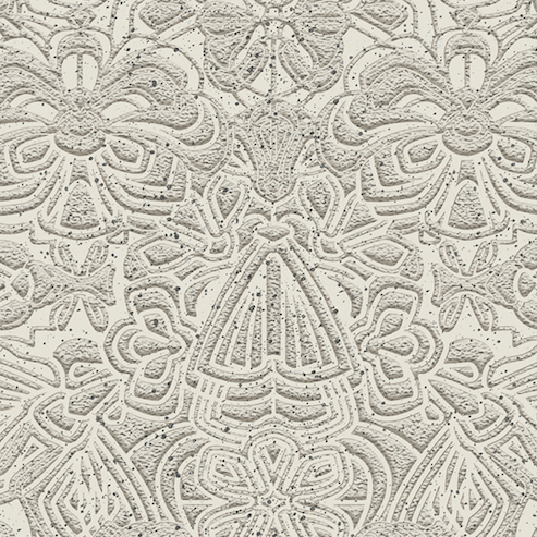 Reliefachtig behangpatroon van Moooi Mimic Moth MO4003 in dodo-kleur, met gestileerde mot- en bloemvormen.