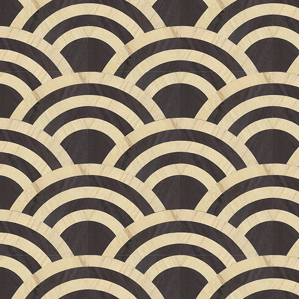 Behangpatroon Moooi Tokyo Blue Lucky O's MO3040 met overlappende zwart-beige boogvormige motieven.