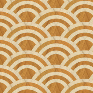 Decoratief behang met een herhalend patroon van goudkleurige en beige waaiervormen uit de Moooi Tokyo Blue Lucky O's collectie.