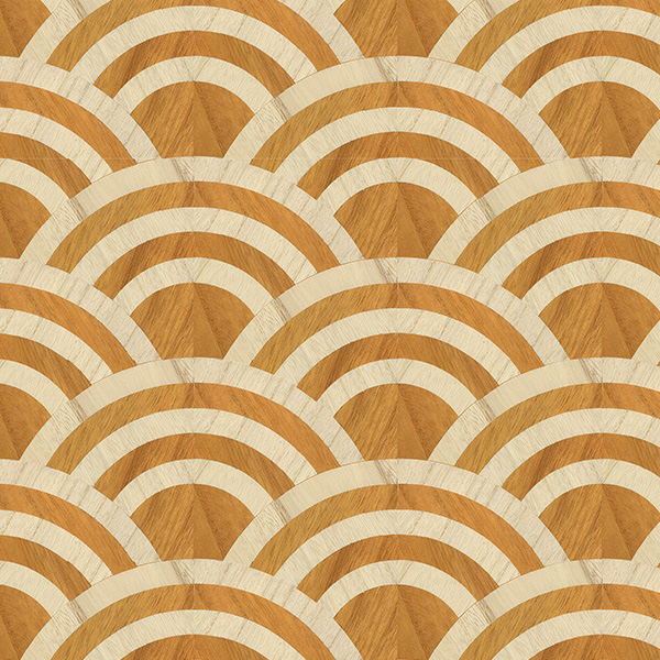 Decoratief behang met een herhalend patroon van goudkleurige en beige waaiervormen uit de Moooi Tokyo Blue Lucky O's collectie.