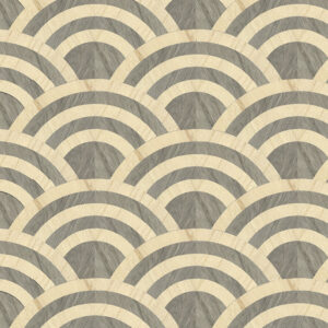 Behang met een herhalend patroon van grijze en beige waaiervormen uit de Moooi Tokyo Blue Lucky O's collectie.