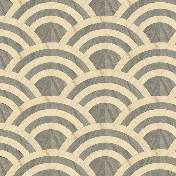 Behang met een herhalend patroon van grijze en beige waaiervormen uit de Moooi Tokyo Blue Lucky O's collectie.