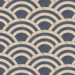 Behangpatroon Tokyo Blue Lucky O's van Moooi met golvende halve cirkels in blauw en beige houtstructuur.