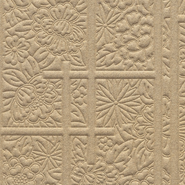 Beige behang met reliëf van bloemenpatroon en Shoji-achtige rasterstructuur uit de Tokyo Blue Shoji Blossom collectie.