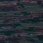 Donkerblauw behang met horizontale strepen in roze, geel, grijs en wit uit de Moooi Tokyo Blue Tie Tami Sunrise collectie.