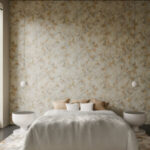 Sfeervolle slaapkamer met Moooi Silk Bombis MO5010 wandbekleding in zachte beige- en goudtinten.