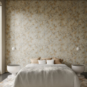 Sfeervolle slaapkamer met Moooi Silk Bombis MO5010 wandbekleding in zachte beige- en goudtinten.