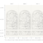 Decoratief muurpaneelontwerp met drie witte Greenhouse Gathering Arch-panelen van Moooi, elk rijk gedetailleerd met florale en geometrische reliëfpatronen.