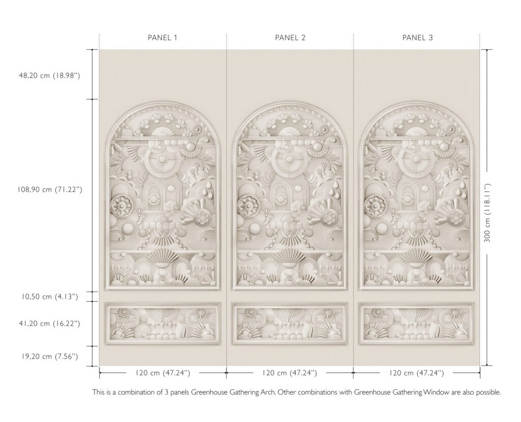 Decoratief muurpatroon van drie panelen uit de Moooi Wallcovering Greenhouse Gathering Arch collectie met sierlijke botanische en architectonische details.