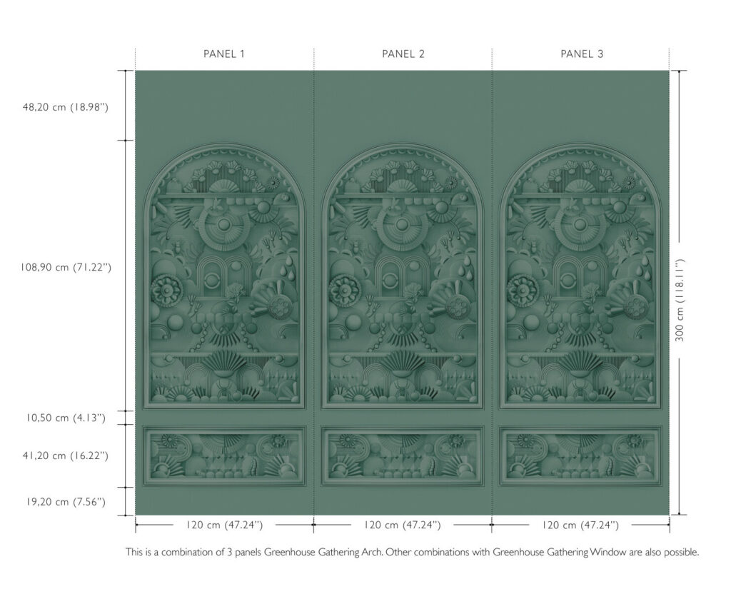 Groene wandbekleding bestaande uit drie panelen met het decoratieve patroon 'Greenhouse Gathering Arch' van Moooi.