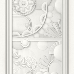 Reliefachtig wit muurpaneel uit de Moooi Wallcovering Green House-collectie met gestileerde bloemen- en bladmotieven.
