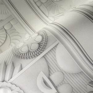 Detail van Moooi Wallcovering Green House MO5050 met een reliëfpatroon van geometrische en florale vormen in grijstinten.