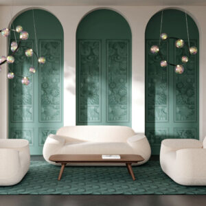 Stijlvolle woonkamer met Moooi Wallcovering Green House MO50502 als decoratieve groene wandbekleding achter moderne witte zitmeubels.