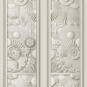 Gedetailleerd reliëfbehang uit de Moooi Wallcovering Greenhouse-collectie met florale en geometrische patronen in zachte beige tinten.