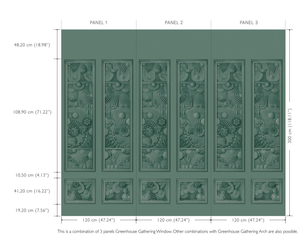 Groene wandbekleding bestaande uit drie panelen met een reliëfpatroon van bloemen en geometrische vormen uit de Moooi Greenhouse Gathering Window-collectie.