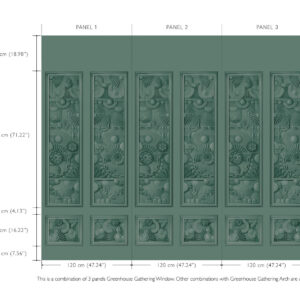 Groene wandbekleding bestaande uit drie panelen met een reliëfpatroon van bloemen en geometrische vormen uit de Moooi Greenhouse Gathering Window-collectie.