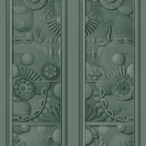 Donkergroen behangpatroon van Moooi Wallcovering Green House met een reliëf van bloemen, bladeren en geometrische vormen.
