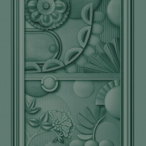 Reliefbehang uit de Moooi Wallcovering Greenhouse collectie met gestileerde bloemen en geometrische vormen in een groen kleurenschema.