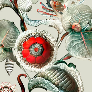 Gedetailleerde botanische illustratie van de Moooi Wallcovering Green House met opvallende rode bloem en lieveheersbeestje op een blad.