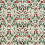 Gedetailleerd symmetrisch patroon uit de Moooi Wallcovering Green House collectie, met florale en insectenmotieven in groen, rood en beige tinten.