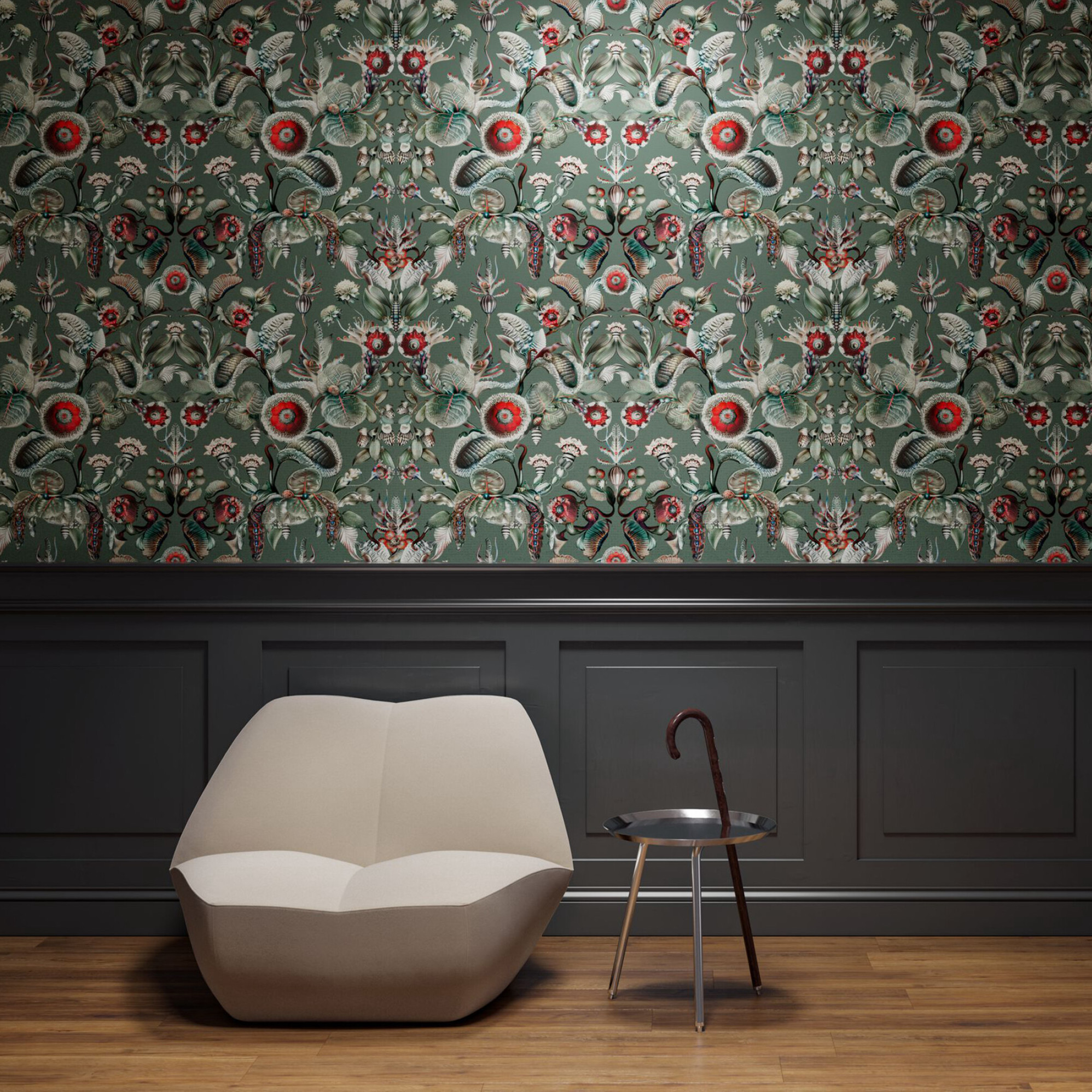 Moderne woonkamer met het kleurrijke Moooi Coccinella Bella behang op een donkergroene muur, een beige designstoel en een bijzettafeltje met wandelstok.