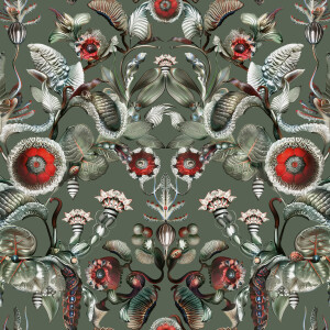 Gedetailleerd botanisch behangontwerp met fantasiebloemen en insecten op een donkergroene achtergrond, uit de Moooi Green House-collectie.