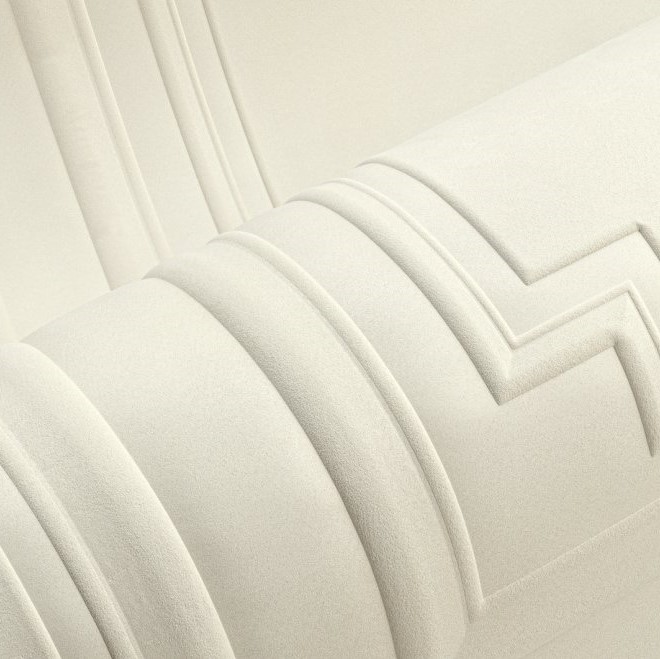 Detail van Objet_Grandeur_44004-1U65-2 met sculpturale, geometrische patronen in een zachte crèmekleurige textuur.