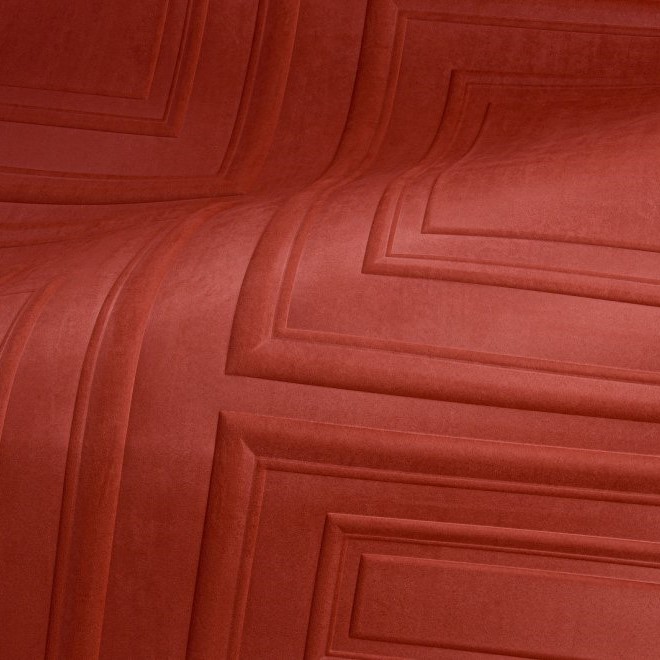 Close-up van een rood fluwelen oppervlak met een geometrisch reliëfpatroon uit de Objet Manoir 44020 M-KSQE-2 collectie.