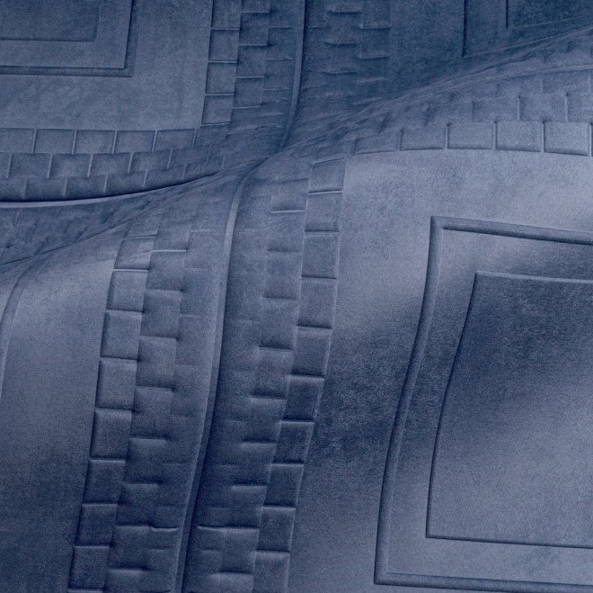 Detailopname van een blauw gewatteerd textiel met een geometrisch patroon uit de Objet Pantheon-collectie.
