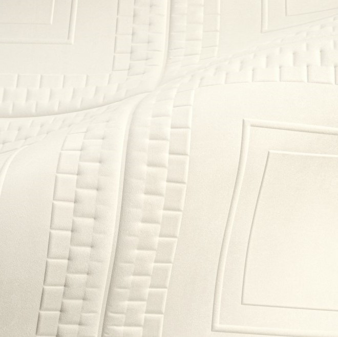 Detailopname van een lichtgekleurd, gewatteerd textiel met geometrisch reliëfpatroon uit de Objet Pantheon-collectie.