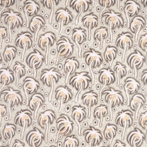 Behang met een herhalend patroon van gestileerde palm bomen in beige en bruintinten uit de Pierre Frey Varaderos collectie.