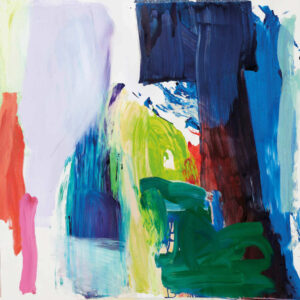 Abstract behangdesign Pierre Frey FP516001 Karma met brede, expressieve penseelstreken in felle kleuren zoals blauw, groen, rood en paars.
