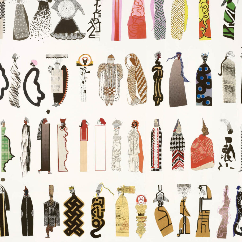 Illustratief behangpatroon van Pierre Frey met gestileerde, modieuze figuren in kleurrijke en grafische outfits.