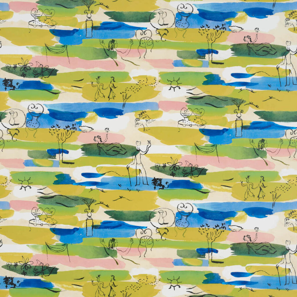 Kleurrijk Pierre Frey-behang FP580001 Les Amoureux met speelse, abstracte illustraties van verliefde stelletjes en natuurtaferelen.
