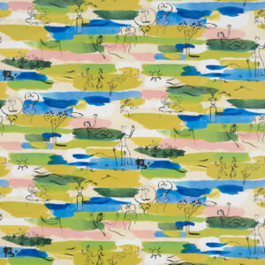 Kleurrijk Pierre Frey-behang FP580001 Les Amoureux met speelse, abstracte illustraties van verliefde stelletjes en natuurtaferelen.