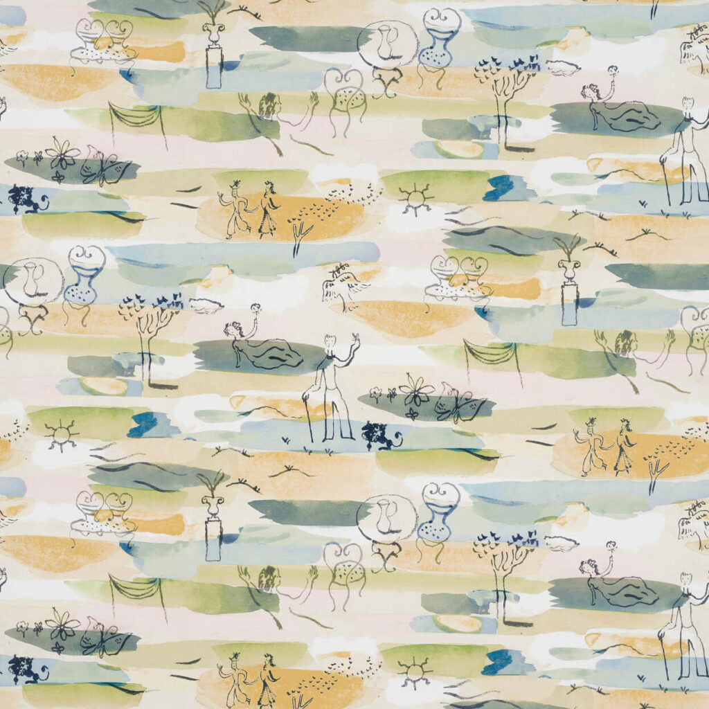 Abstract behangpatroon "Les Amoureux" van Pierre Frey met pastelkleurige penseelstreken en speelse tekeningen van verliefde stelletjes en natuur.