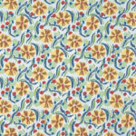 Decoratief Pierre Frey-behang met een kleurrijk bloemenpatroon van Les Anémones in geel, rood, blauw en groen.