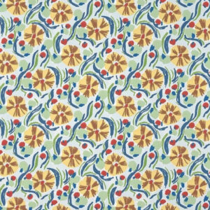 Decoratief Pierre Frey-behang met een kleurrijk bloemenpatroon van Les Anémones in geel, rood, blauw en groen.