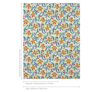 Behangpatroon "Les Anémones" van Pierre Frey met kleurrijke bloemmotieven in geel, rood, blauw en groen.