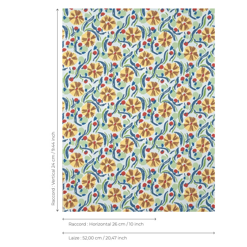 Behangpatroon "Les Anémones" van Pierre Frey met kleurrijke bloemmotieven in geel, rood, blauw en groen.
