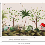 Panoramisch stoffenontwerp van Pierre Frey met tropische bomen, kleurrijke vogels en vlinders tegen een lichte achtergrond.