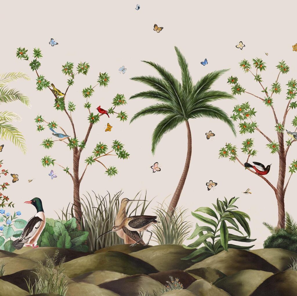 Illustratie van exotische vogels, bomen en vlinders op de Pierre Frey-stof Canaima F3727001.